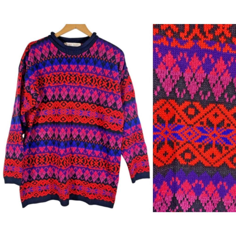 Vintage Sweater Size Medium Oversized 80s Fair Isle Argyle Nordic Colorful Ski